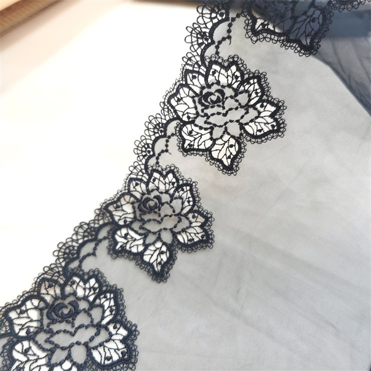 High Quality Fashion 21cm wide Embroidered Flower Black mesh Lace trim for women lingerie underwear