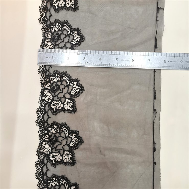High Quality Fashion 21cm wide Embroidered Flower Black mesh Lace trim for women lingerie underwear