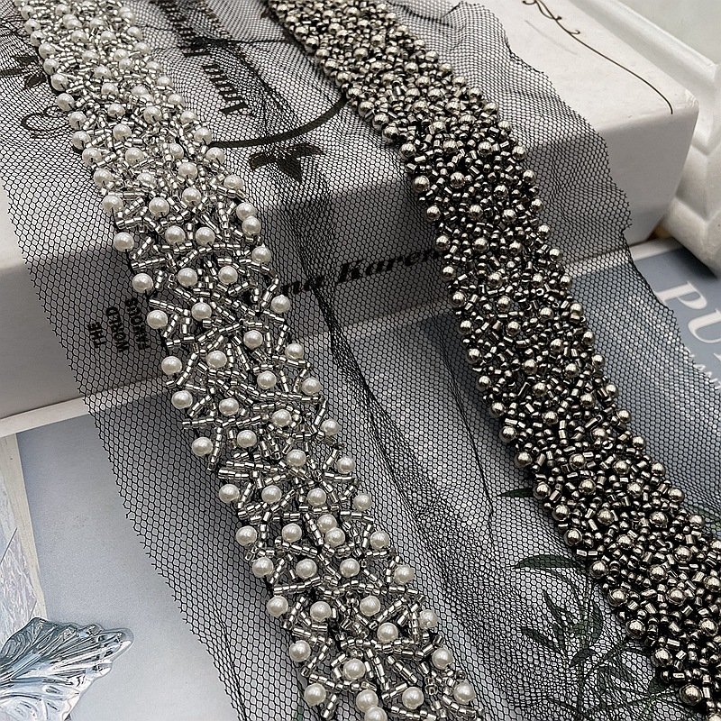 Wholesale Hand Made Sequin Embroidery Tulle Lace Pearl Beaded Lace Trimmings French Mesh Lace Trim