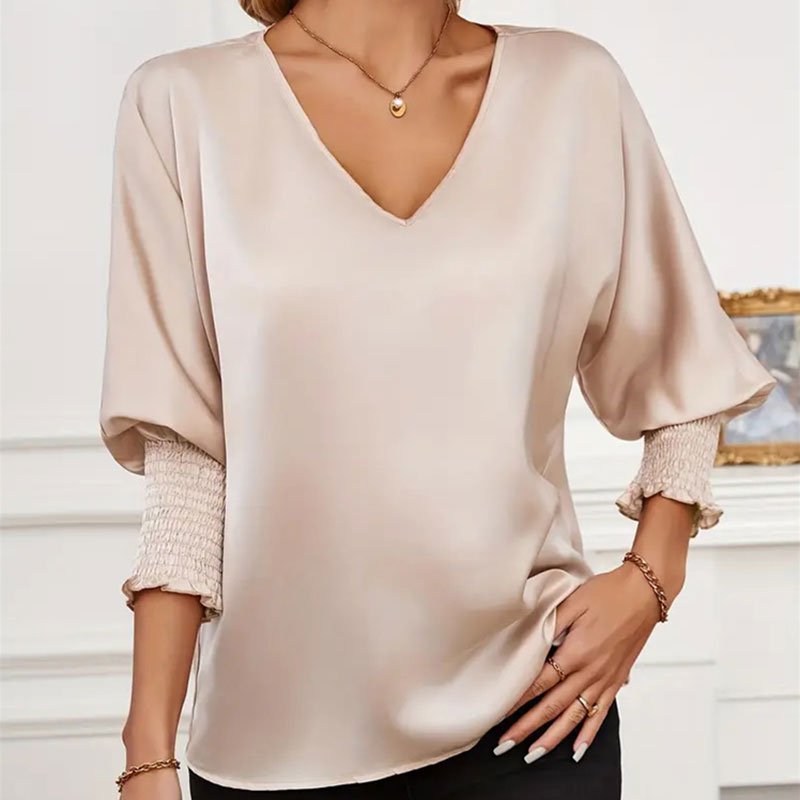 Plus Size Solid V-neck Lantern Sleeve Top Chic Shirred Dolman Blouse Smoothly Elegant Shirred Trim Loose Satin Blouse