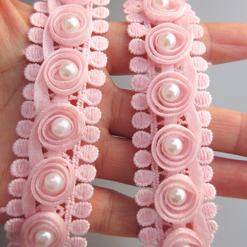 OA 30 Days Pink Pearl Rose Flowers Bead Lace Fabric Wedding Dress Garment Accessories CraftBead Lace Bead Trim