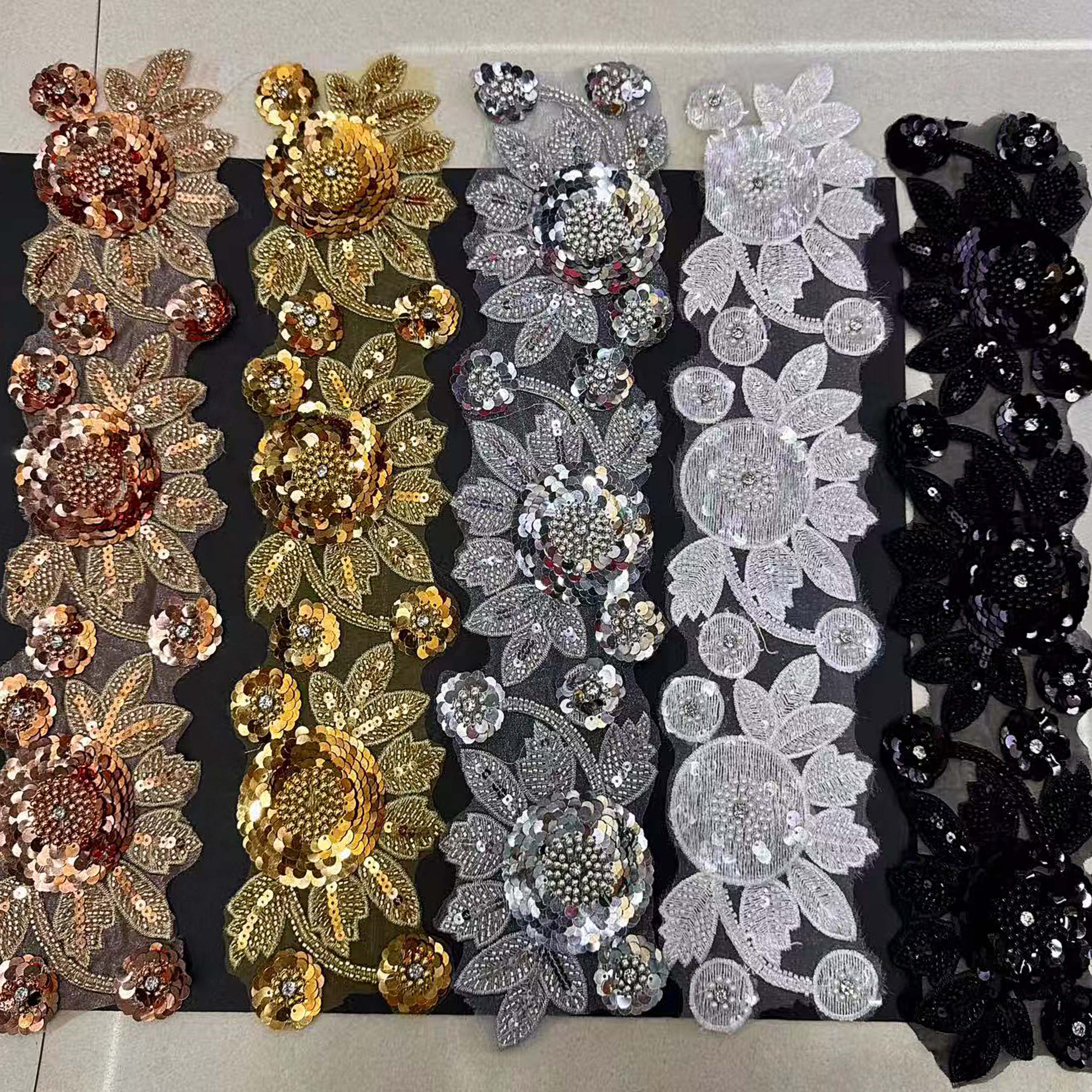 Wholesale Multi-Color Sequins Bridal Wedding Dress Embroidery Beads Lace Trimming Diy Decorative Crystal Rhinestone Lace Patches