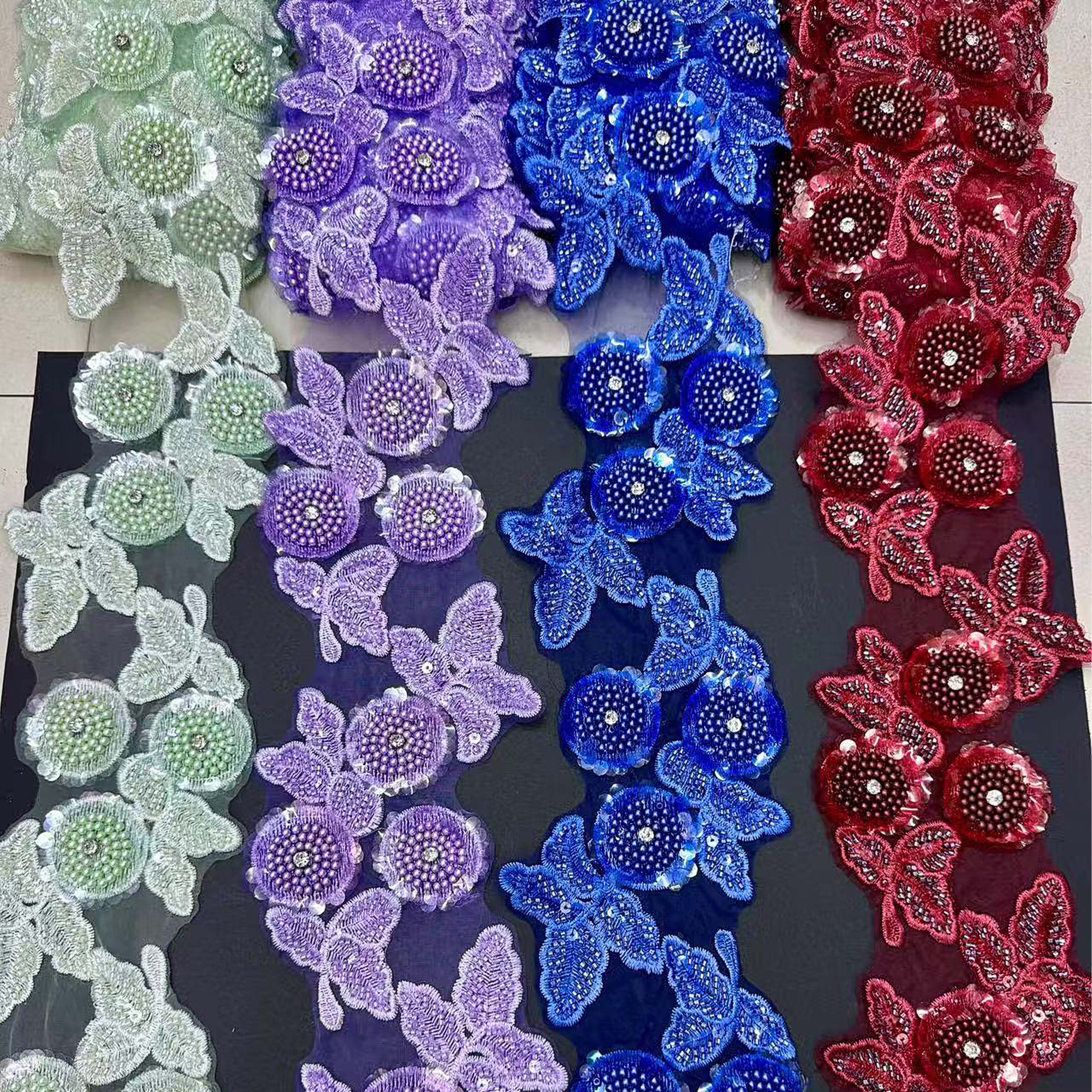 Wholesale Multi-Color Sequins Bridal Wedding Dress Embroidery Beads Lace Trimming Diy Decorative Crystal Rhinestone Lace Patches