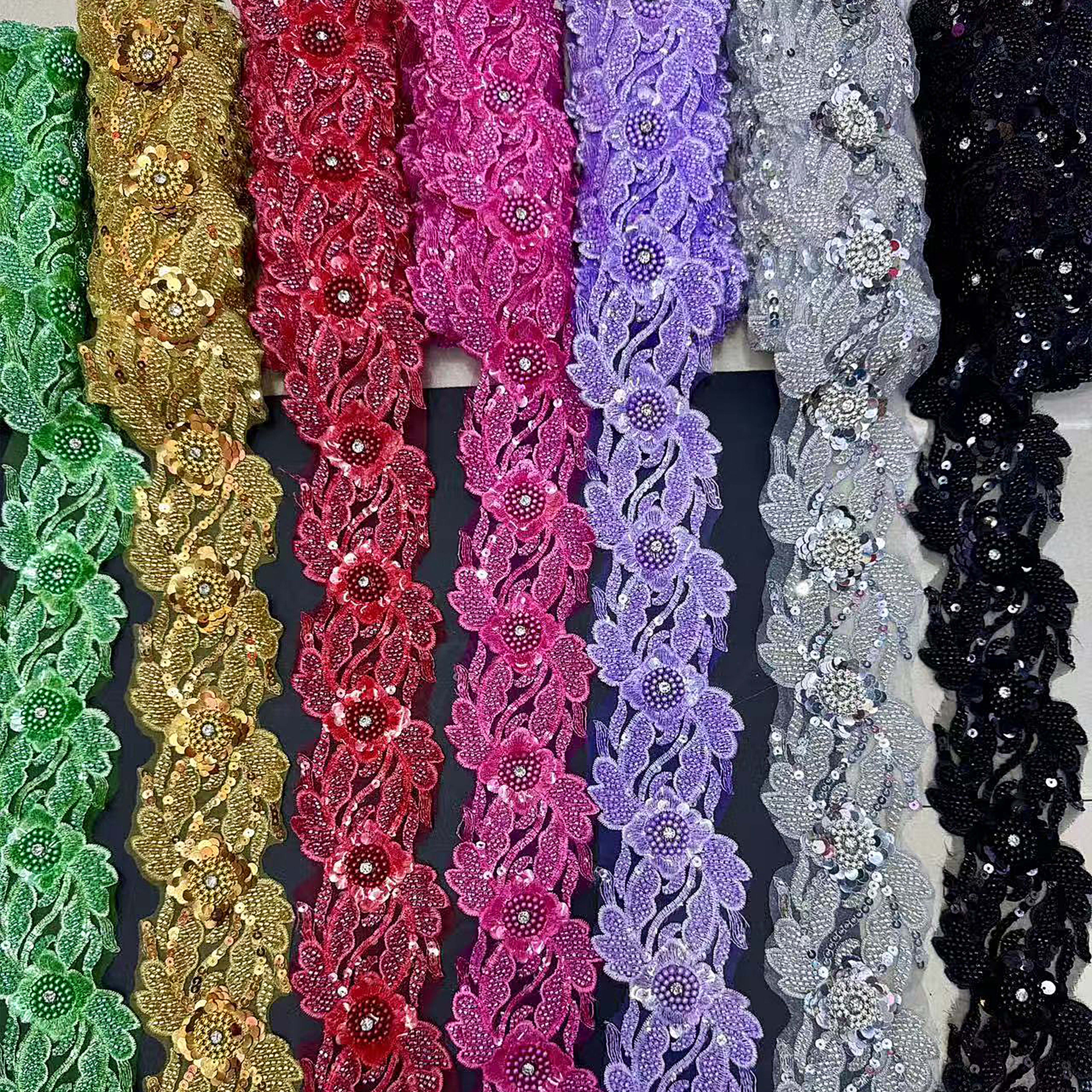 Wholesale Multi-Color Sequins Bridal Wedding Dress Embroidery Beads Lace Trimming Diy Decorative Crystal Rhinestone Lace Patches