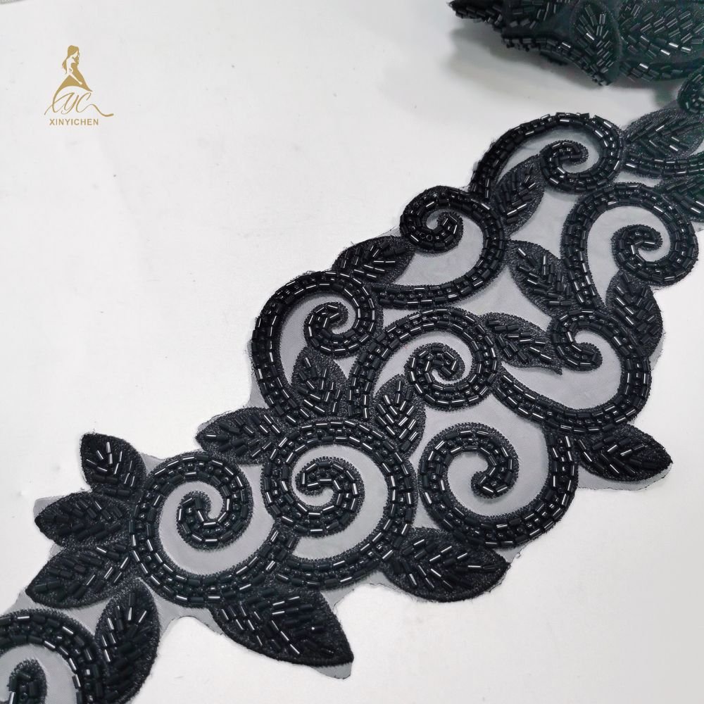 golden beads Embroidered Applique trim high quality lace fabric with beads and pearl rhinestone trim by the yard