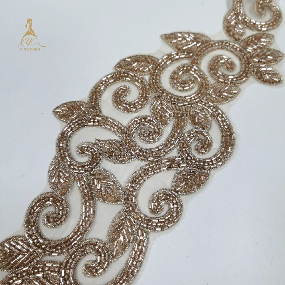 golden beads Embroidered Applique trim high quality lace fabric with beads and pearl rhinestone trim by the yard