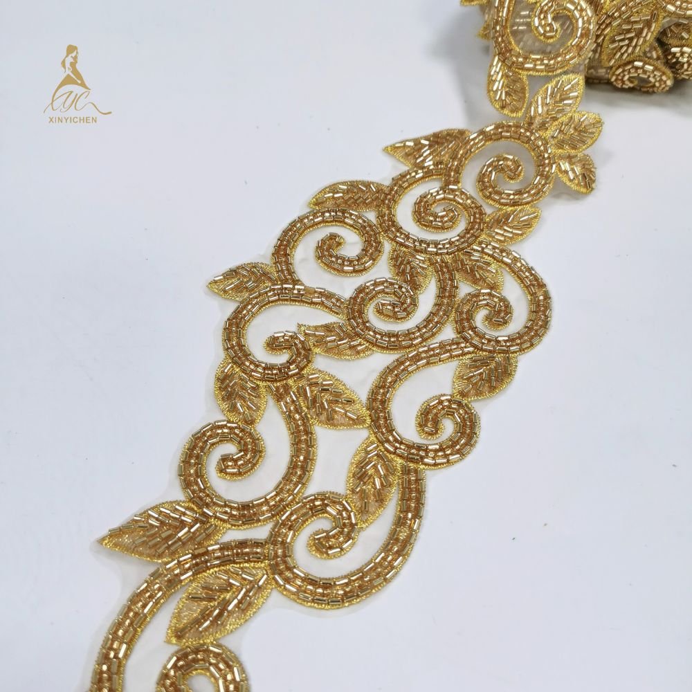 golden beads Embroidered Applique trim high quality lace fabric with beads and pearl rhinestone trim by the yard