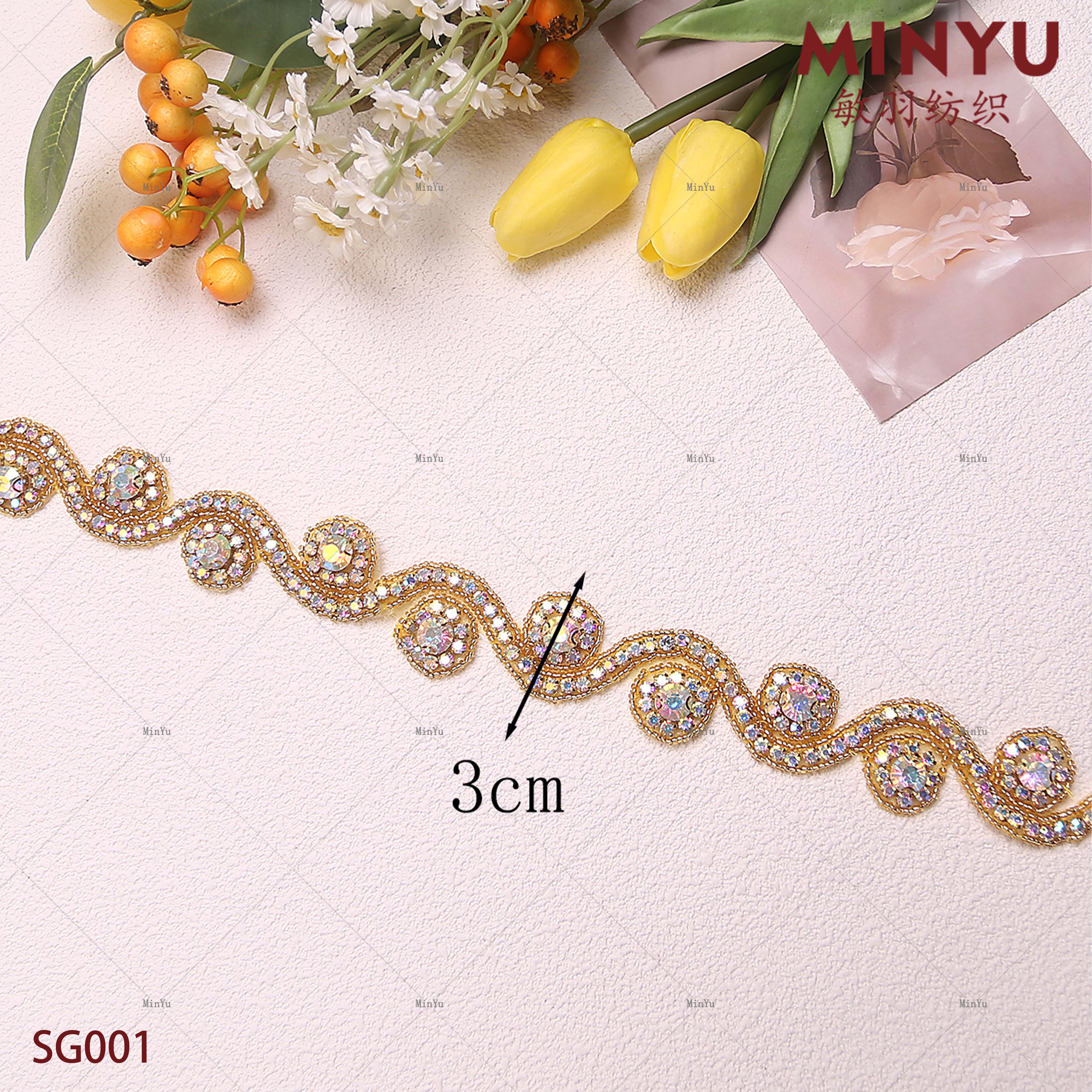 Embroidered Beaded Lace Rhinestone Crystals Chain Iron On Clothes Dresses Sewing Lace Trim For Women's Bridal Dress Hot Fix