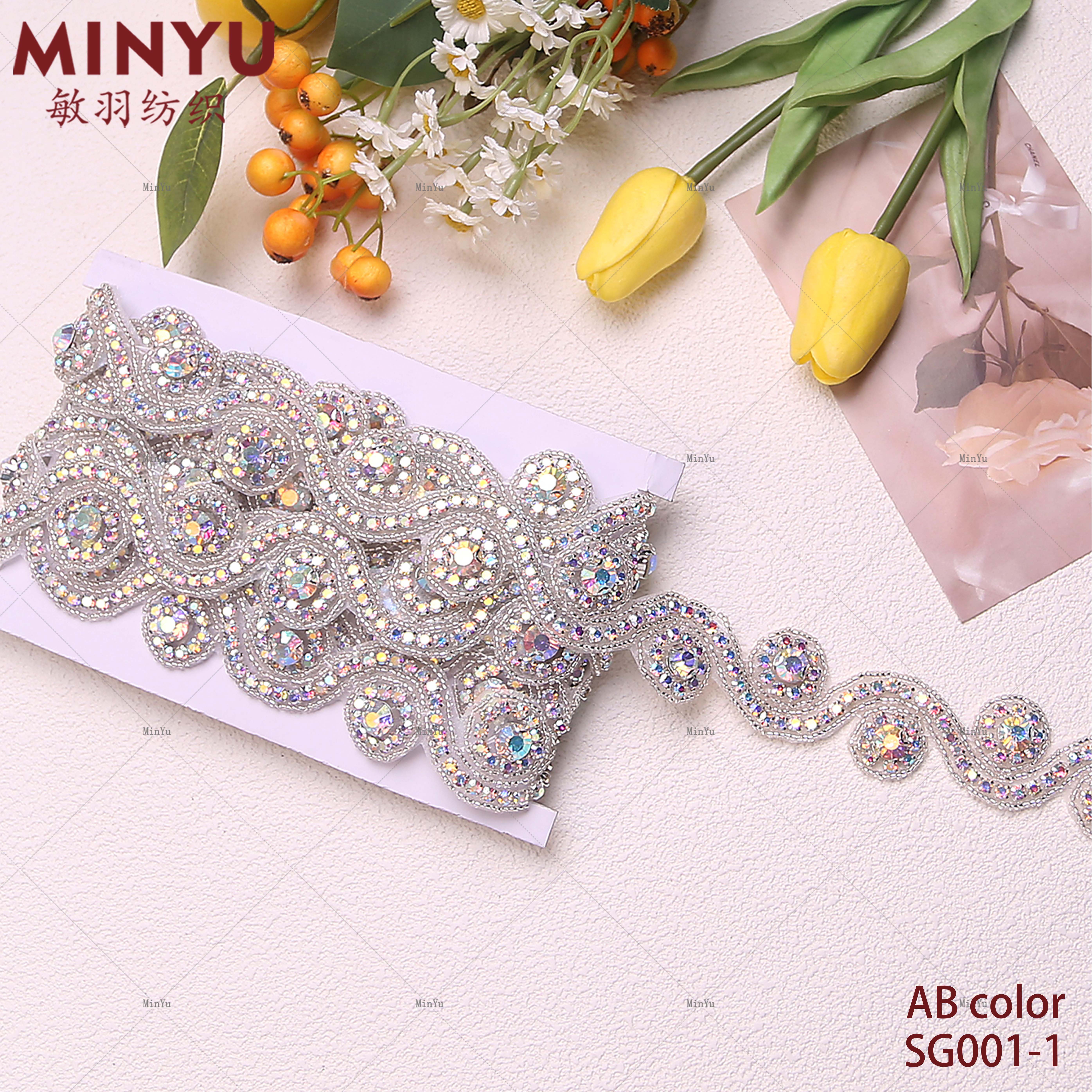 Embroidered Beaded Lace Rhinestone Crystals Chain Iron On Clothes Dresses Sewing Lace Trim For Women's Bridal Dress Hot Fix