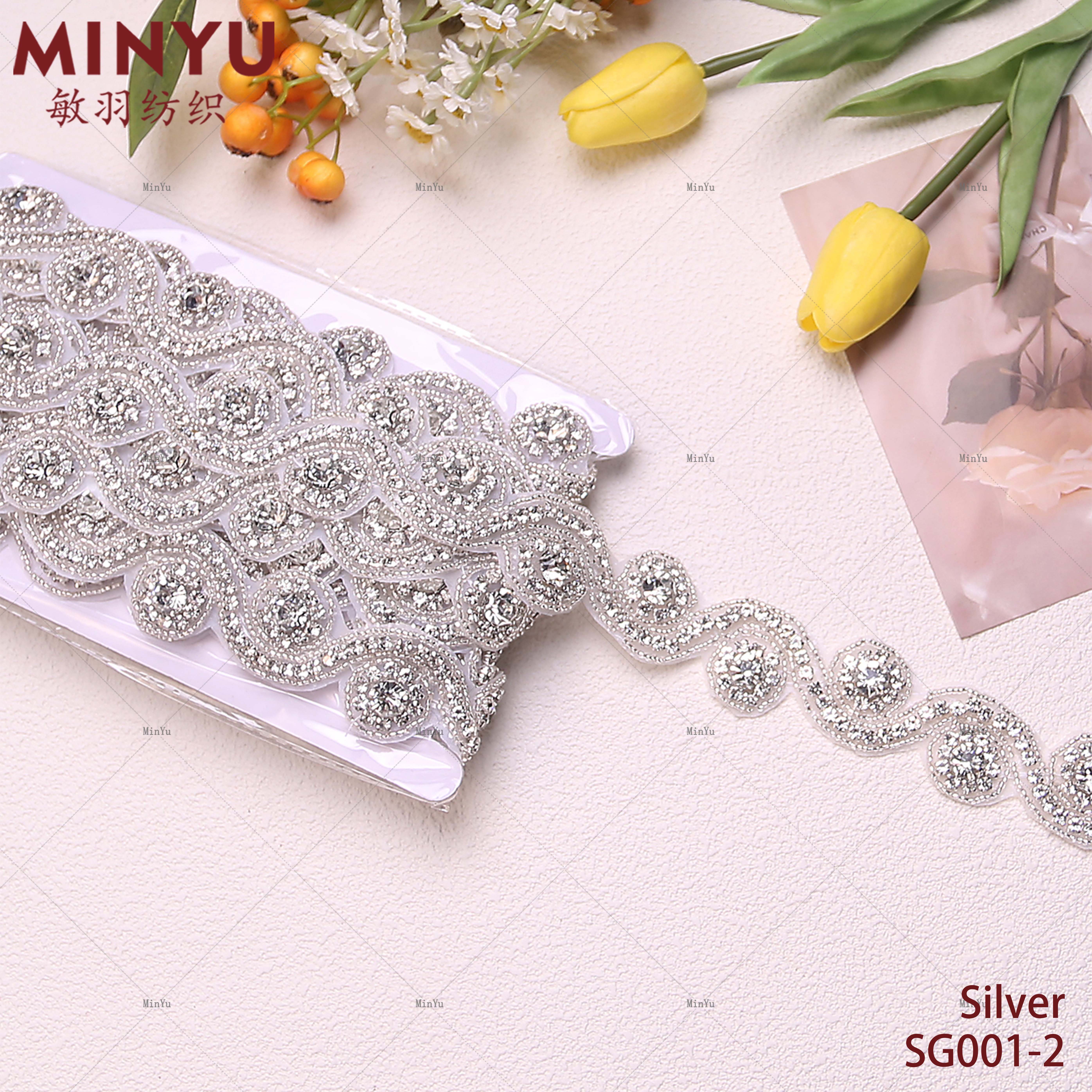 Embroidered Beaded Lace Rhinestone Crystals Chain Iron On Clothes Dresses Sewing Lace Trim For Women's Bridal Dress Hot Fix