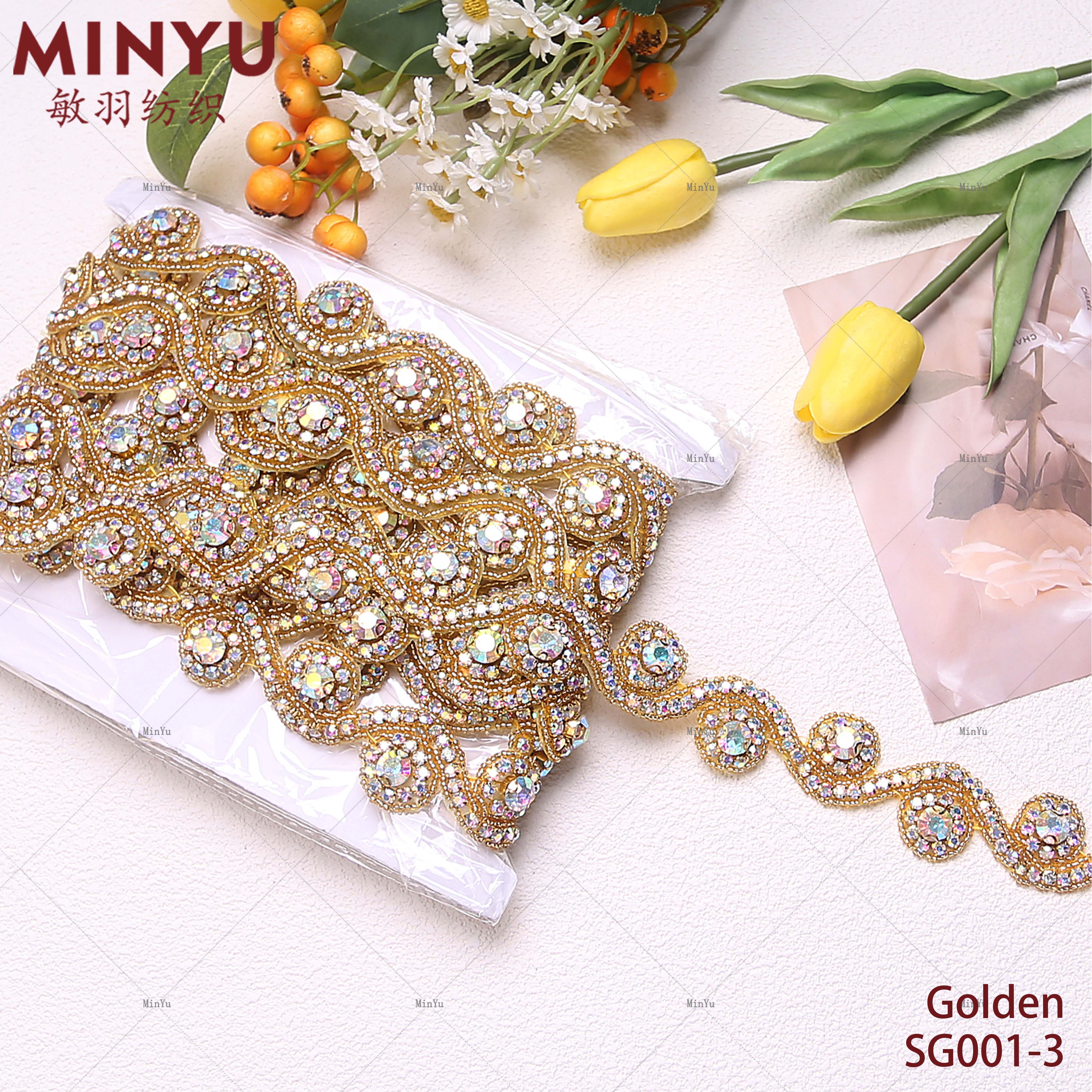 Embroidered Beaded Lace Rhinestone Crystals Chain Iron On Clothes Dresses Sewing Lace Trim For Women's Bridal Dress Hot Fix