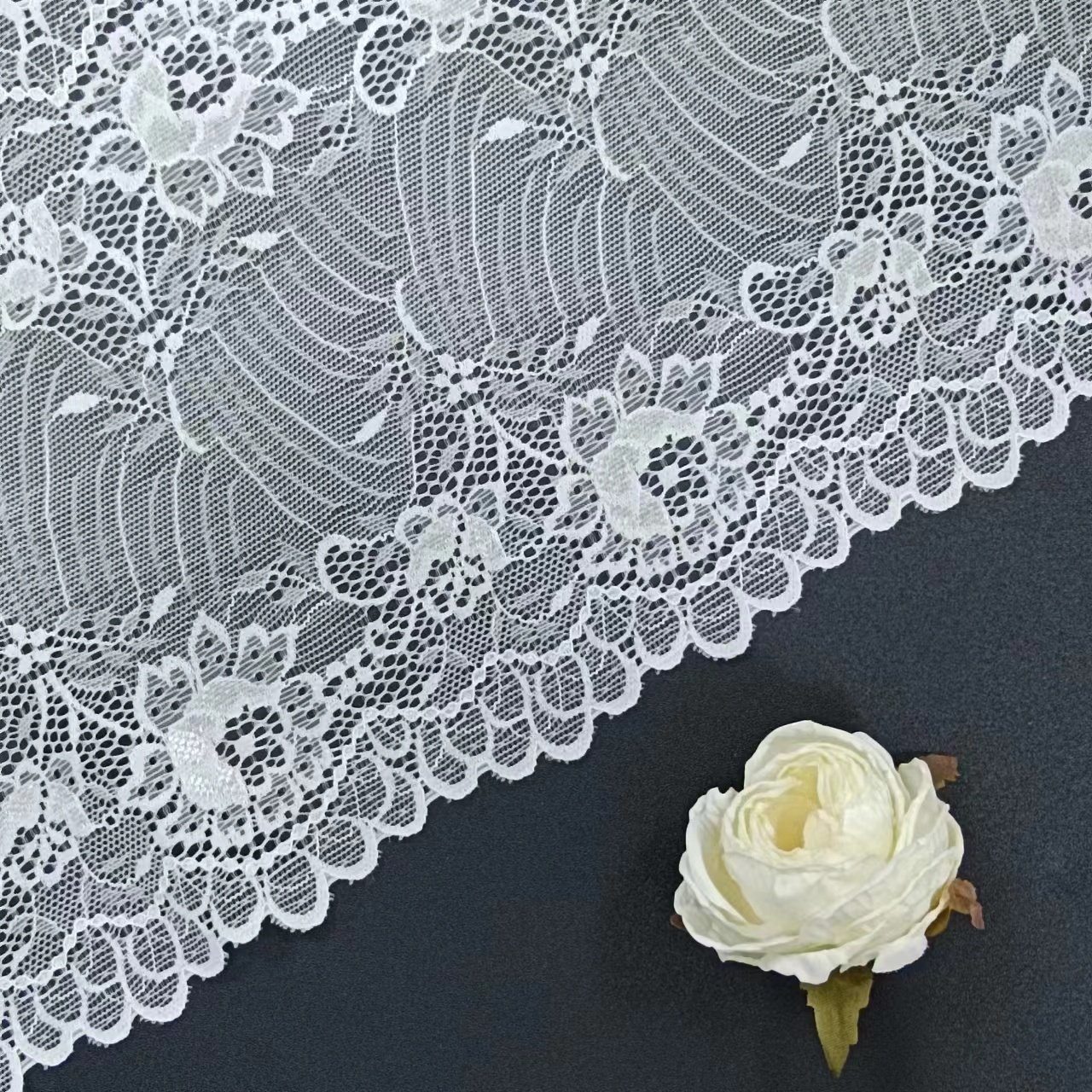 Hot-selling Luxury White Voile Nylon Spandex Lace Fabric Roll Knitted Elastic Hollowed Flower Lace Trim for Bra Accessories