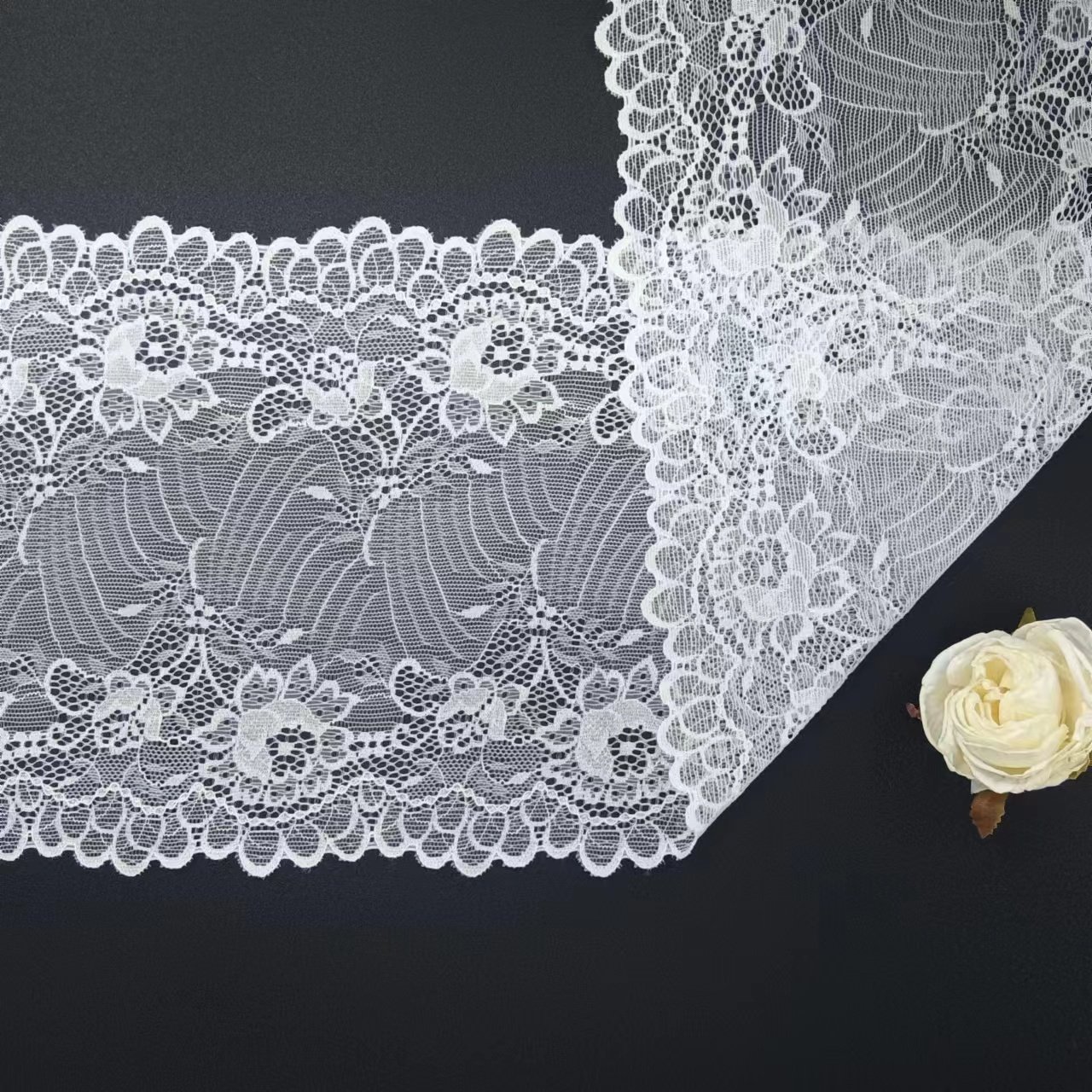 Hot-selling Luxury White Voile Nylon Spandex Lace Fabric Roll Knitted Elastic Hollowed Flower Lace Trim for Bra Accessories