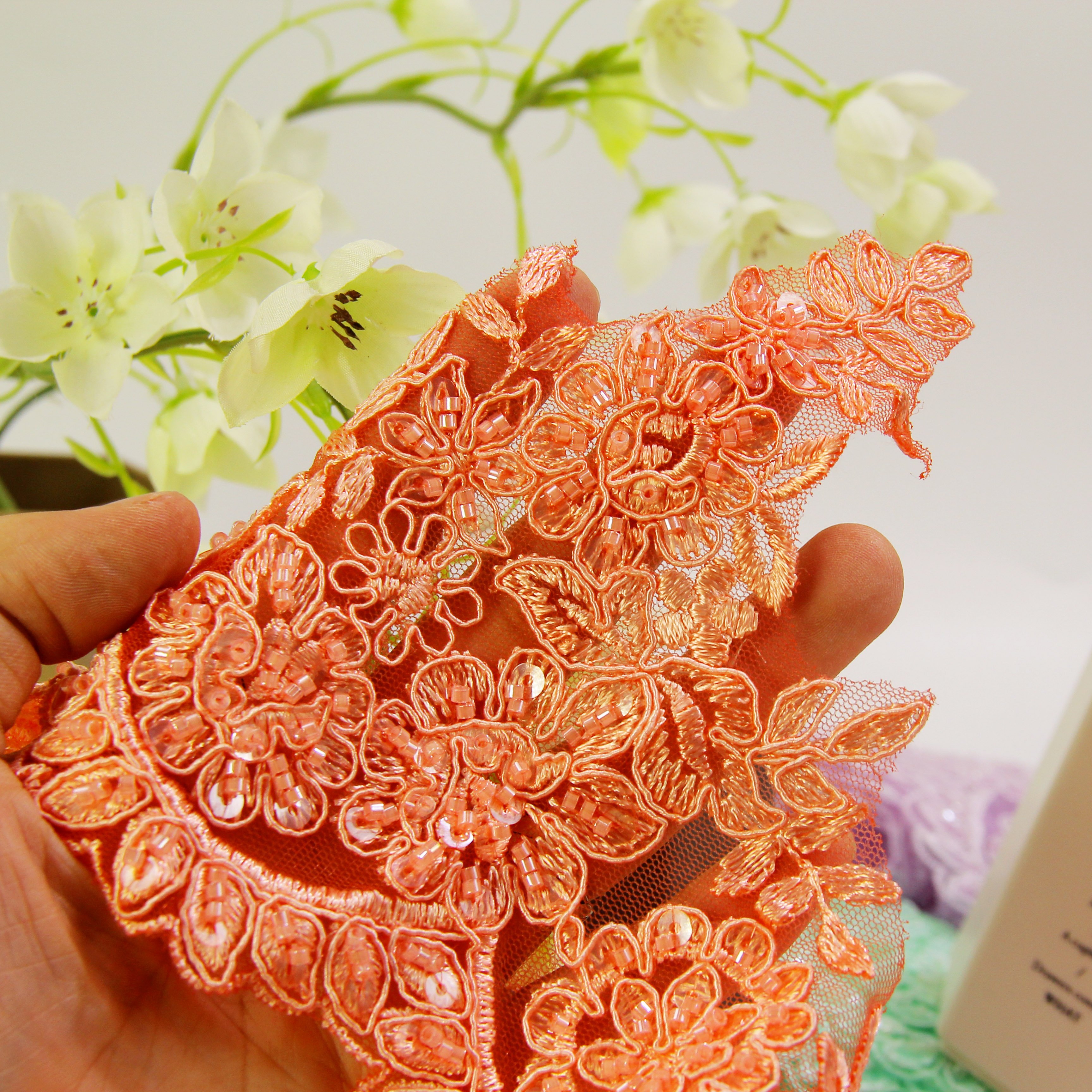 Hot sale 100% polyester machine beads clothing accessories shoes flower 3d lace trim