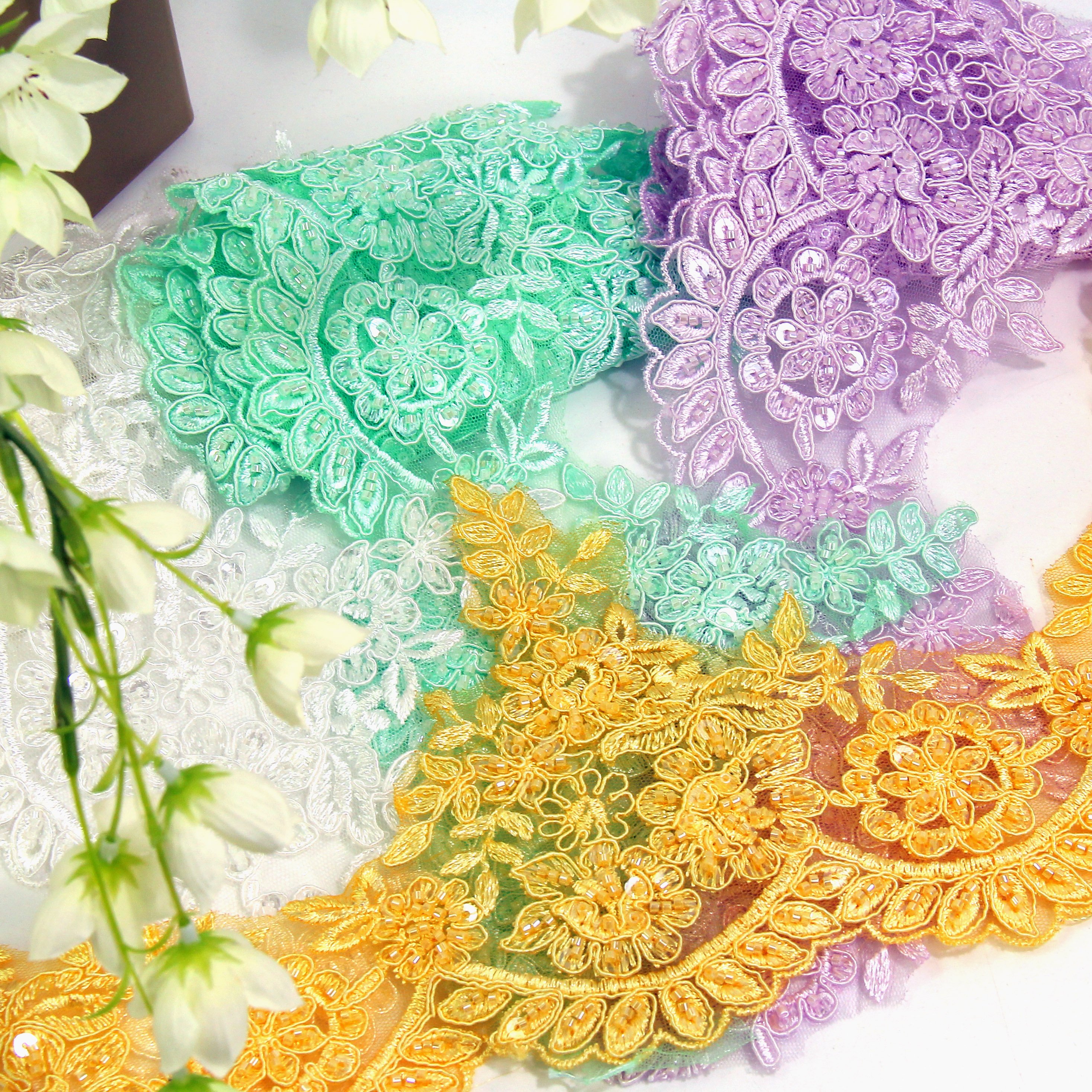 Hot sale 100% polyester machine beads clothing accessories shoes flower 3d lace trim