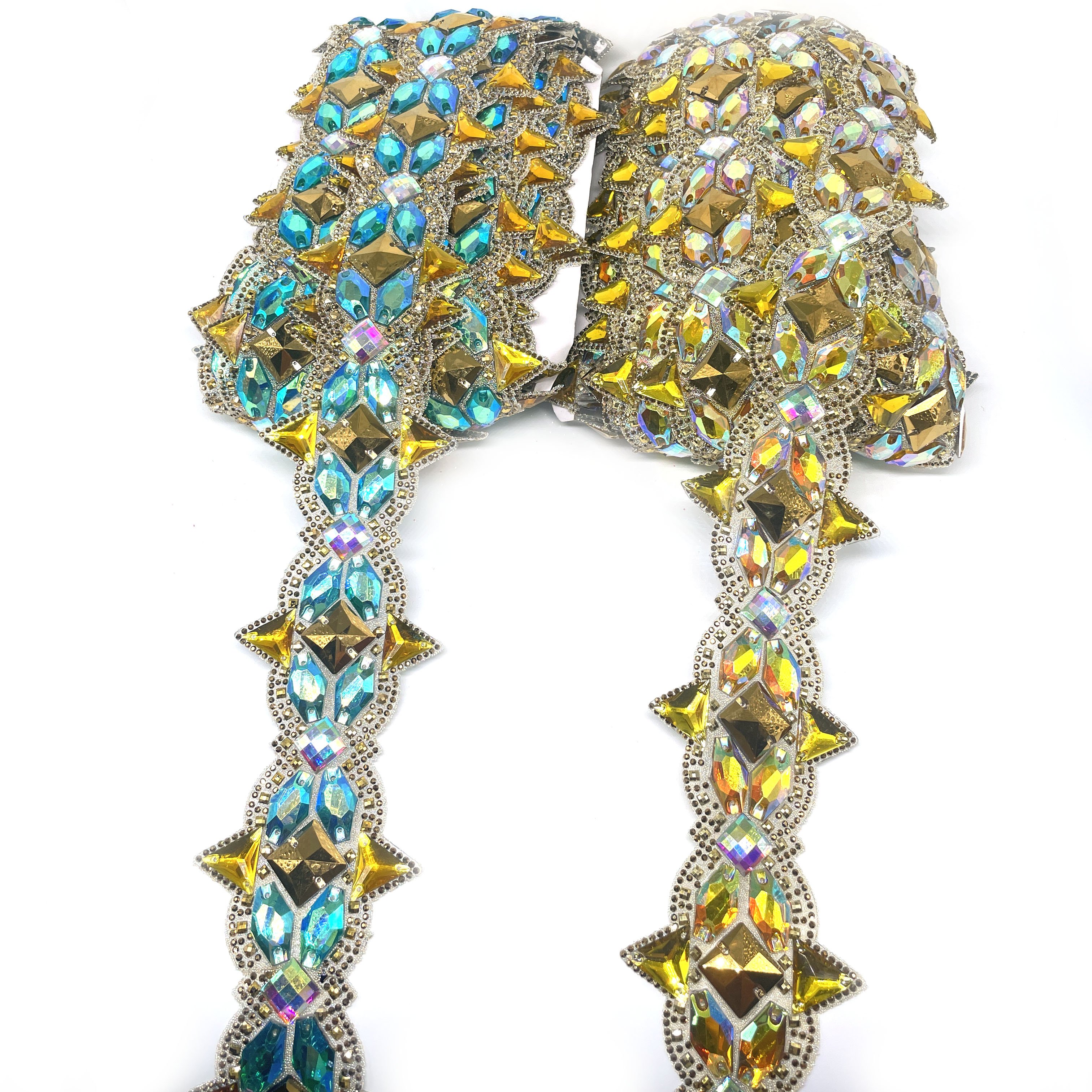 Customized Gold Yellow AB Aquamarine AB Rhinestone Iron-On Hot Fix Trimming Garment Saint Lucia Carnival Costume Shoes Bags