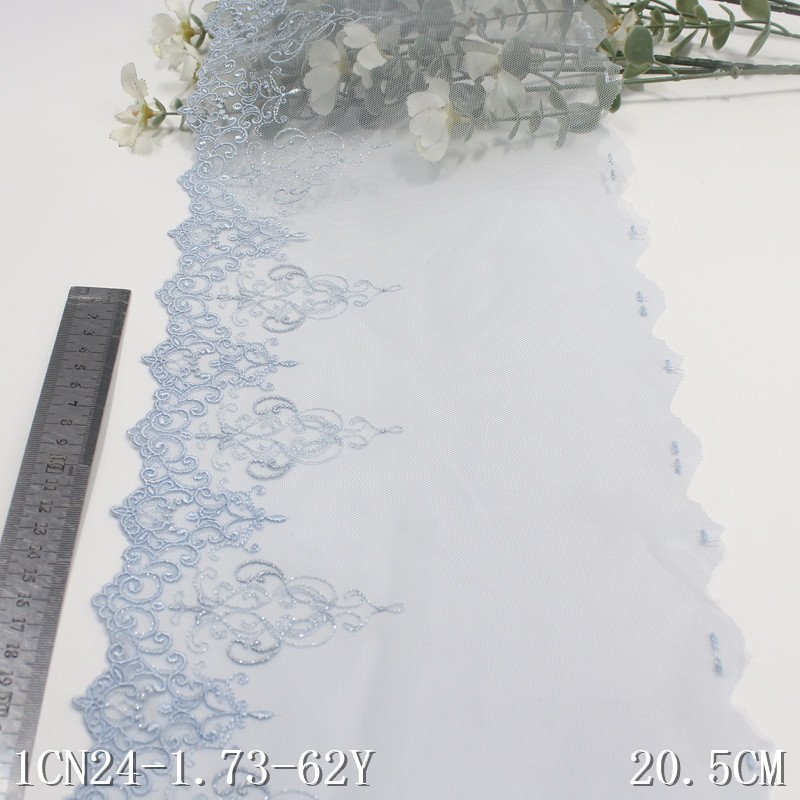 2024 Lingerie Lace 20cm wide Light Blue net shiny flower Embroidery lace trim for Underwear wholesale