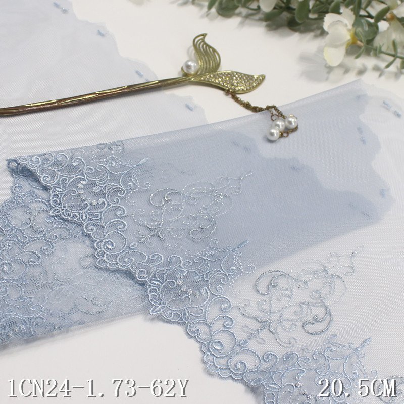 2024 Lingerie Lace 20cm wide Light Blue net shiny flower Embroidery lace trim for Underwear wholesale