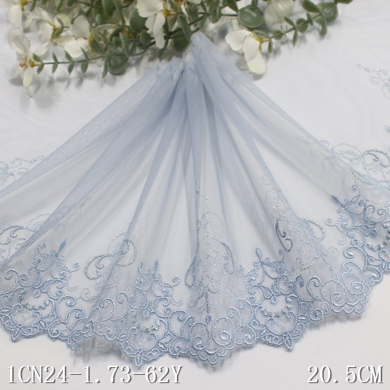 2024 Lingerie Lace 20cm wide Light Blue net shiny flower Embroidery lace trim for Underwear wholesale