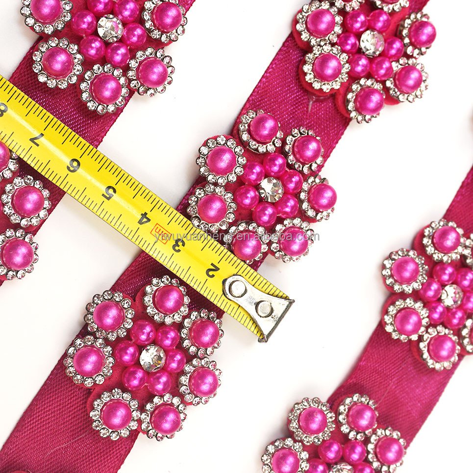 High Quality DIY Handmade Pink Beaded Flower Rhinestone Beading Barcode Pearl Trim Lace Clothing Garment Accessories