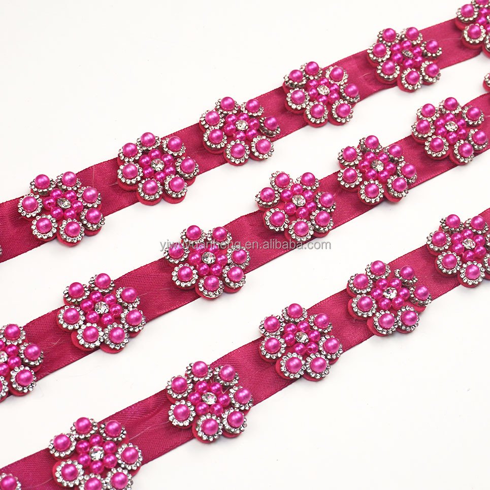 High Quality DIY Handmade Pink Beaded Flower Rhinestone Beading Barcode Pearl Trim Lace Clothing Garment Accessories