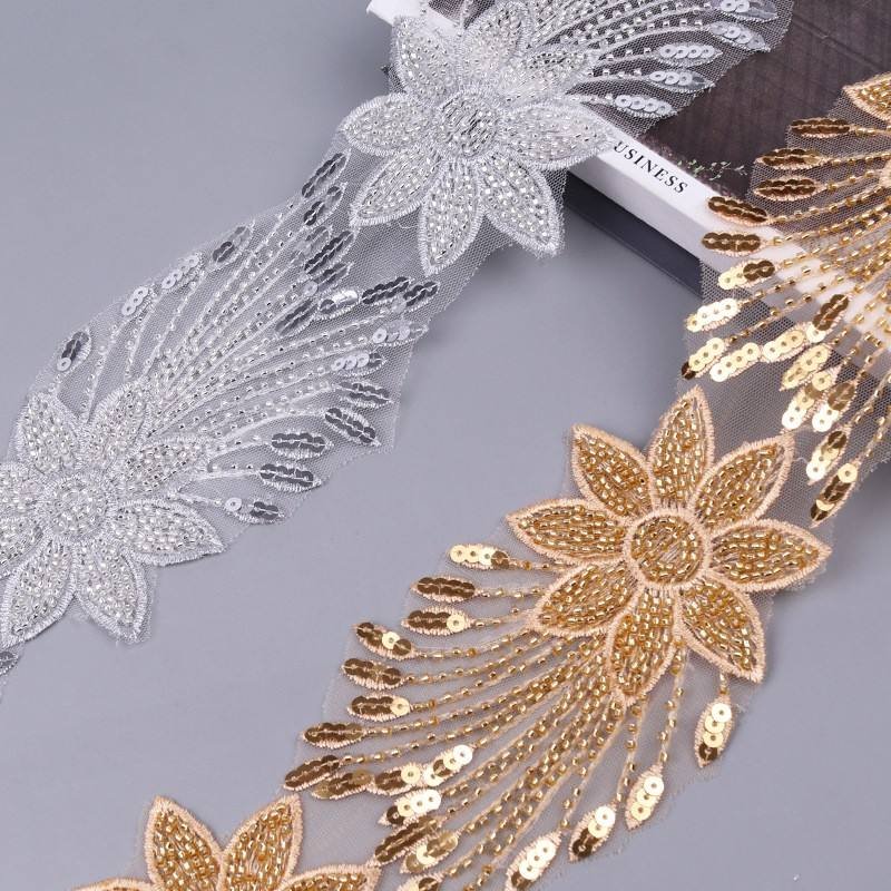 Popular Sequins Beaded Tube Embroidery Lace Trimming For Bridal Wedding Dress Children's Clothing Headdress Decoration