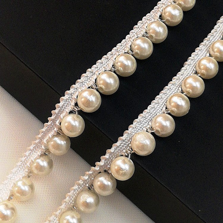 pearl Beaded Lace ribbon fabric embroidery white/black dress decoration collar beads trim