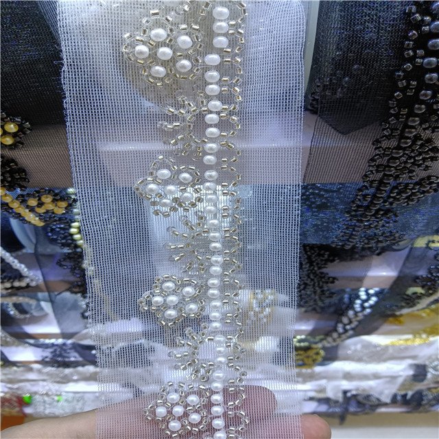 hand sewing bugle bead rhinestone lace tape trimming,handmade sewing on heavy beading lace ribbon tape for garment neck,bottom