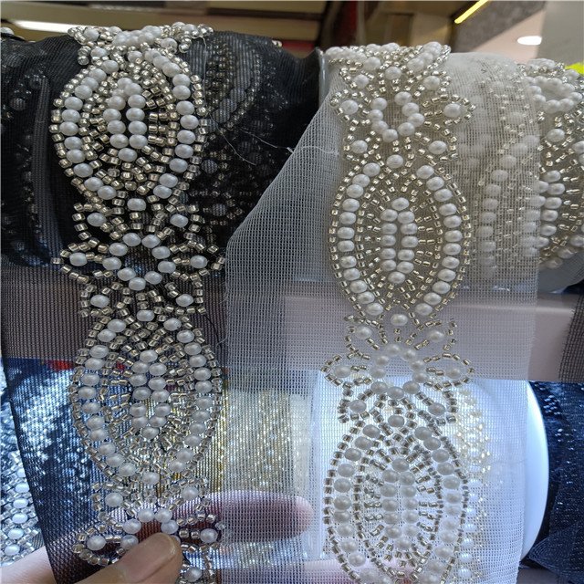 hand sewing bugle bead rhinestone lace tape trimming,handmade sewing on heavy beading lace ribbon tape for garment neck,bottom