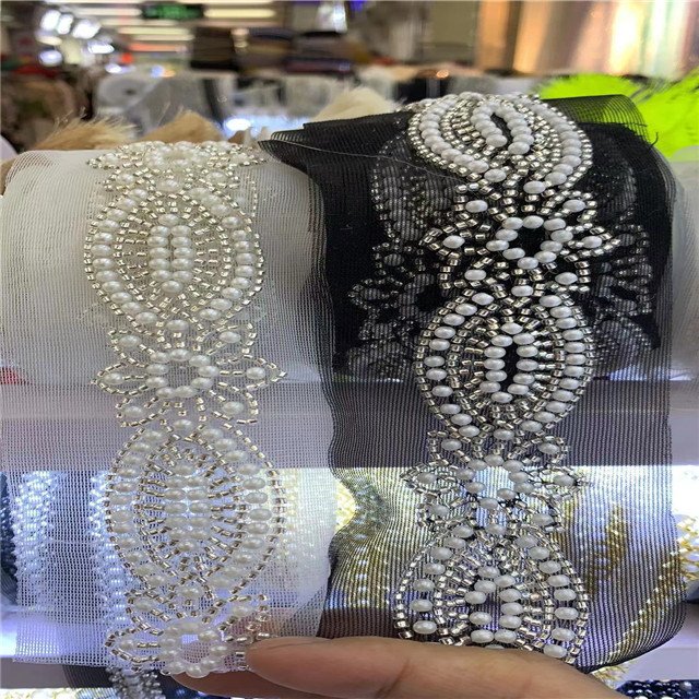 hand sewing bugle bead rhinestone lace tape trimming,handmade sewing on heavy beading lace ribbon tape for garment neck,bottom