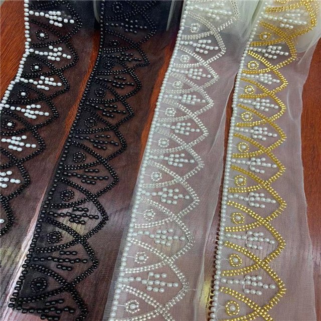 hand sewing bugle bead rhinestone lace tape trimming,handmade sewing on heavy beading lace ribbon tape for garment neck,bottom