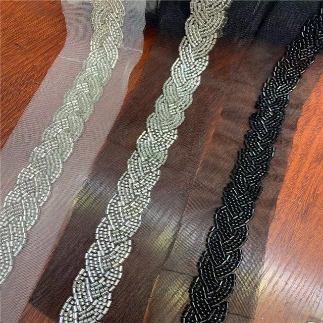 hand sewing bugle bead rhinestone lace tape trimming,handmade sewing on heavy beading lace ribbon tape for garment neck,bottom
