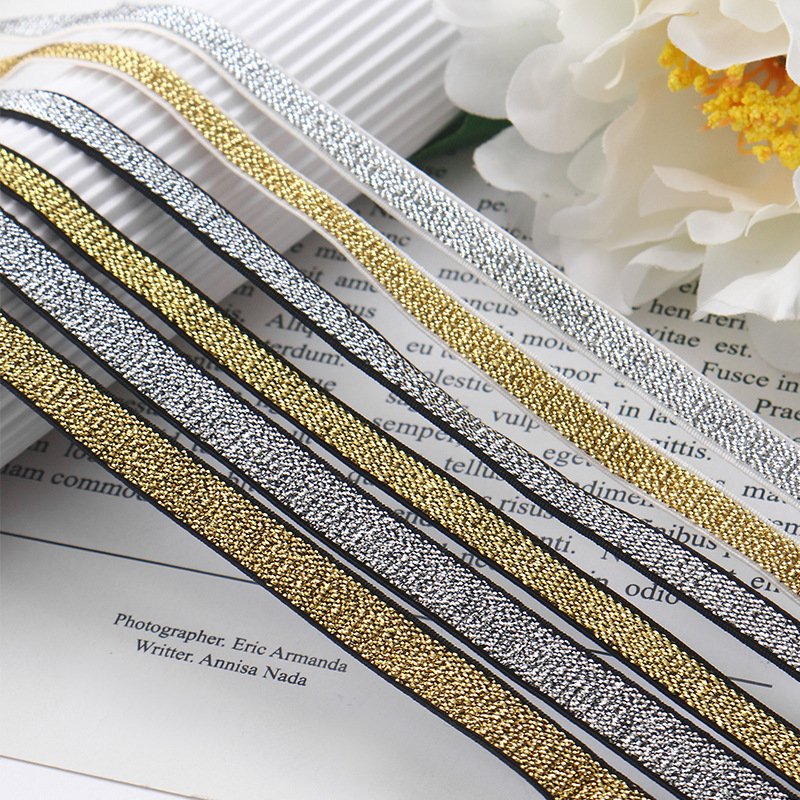 1cm Gold Silver Stretch Lurex Metallic Trimming Elastic Garment Waist Glitter Gold Elastic Bands Rubber