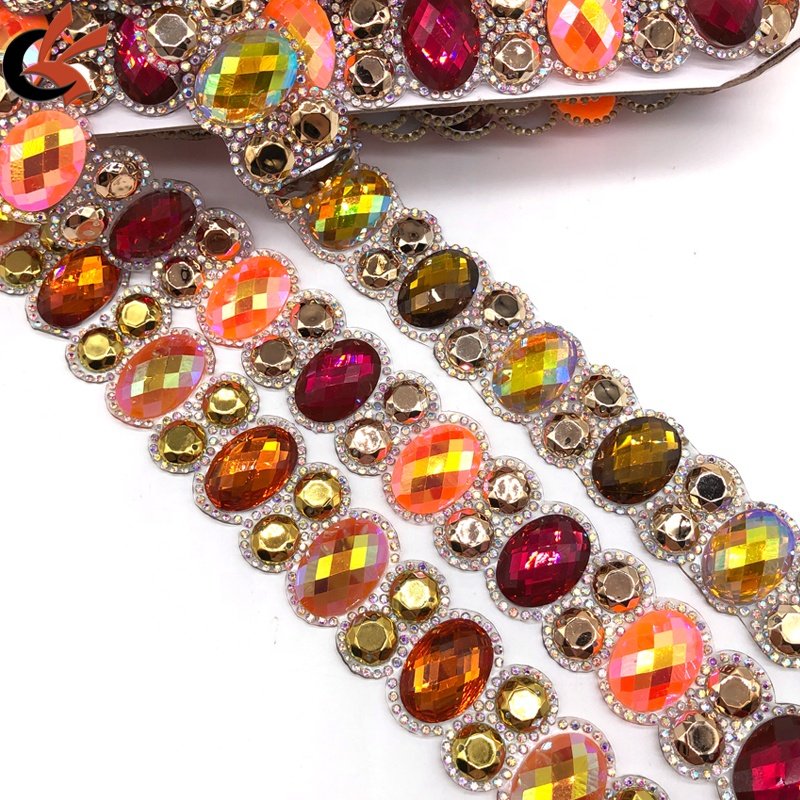 Wholesale Customized Colors Resin Iridescent Stone Iron-on Rhinestone Trim for Carnival Shoes Garments Bags