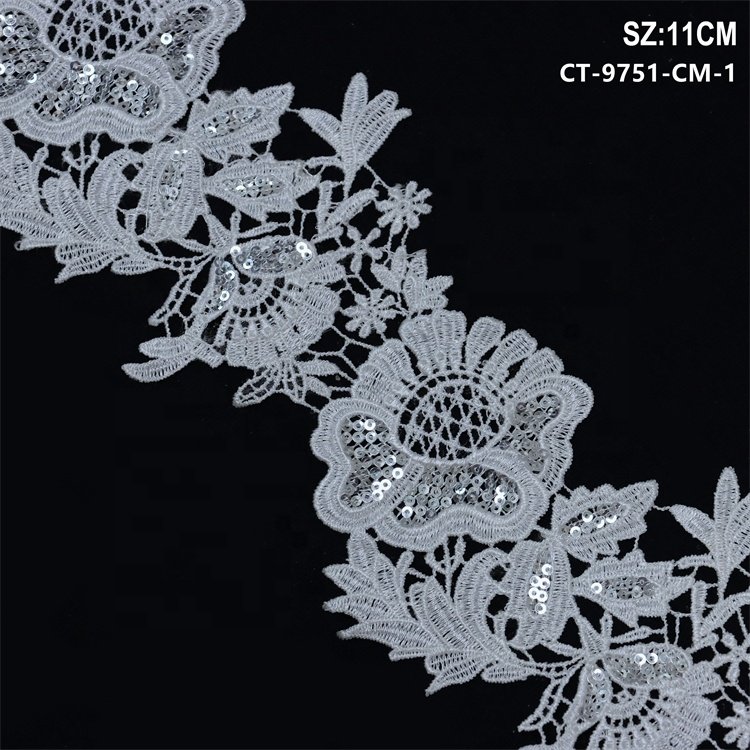 Wholesale price custom lace border water soluble decorative white lace with shiny sequins embroidery lace trim
