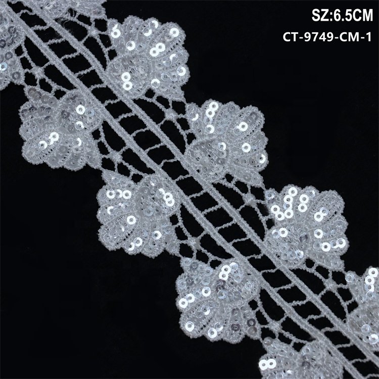 Wholesale price custom lace border water soluble decorative white lace with shiny sequins embroidery lace trim