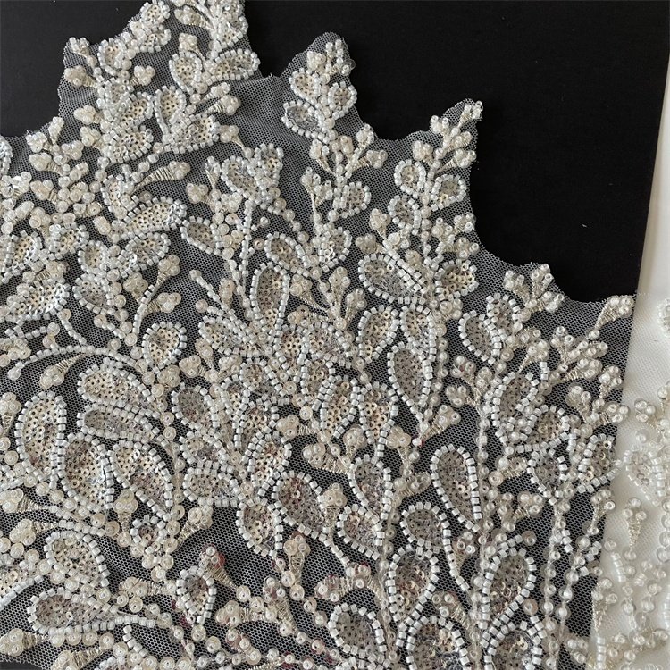 Luxury 32cm Wide Metallic Polyester Yarn Fancy Embroidery Lace Trim With Beads And Sequins