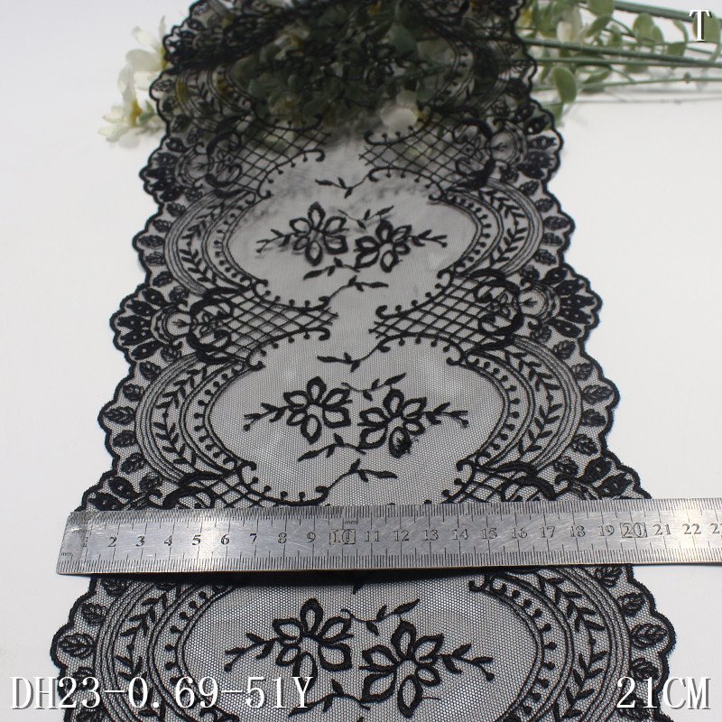 Stock Flower Mesh Embroidery Lace 21CM wide Black net Embroidered Lace Trim For Lingerie