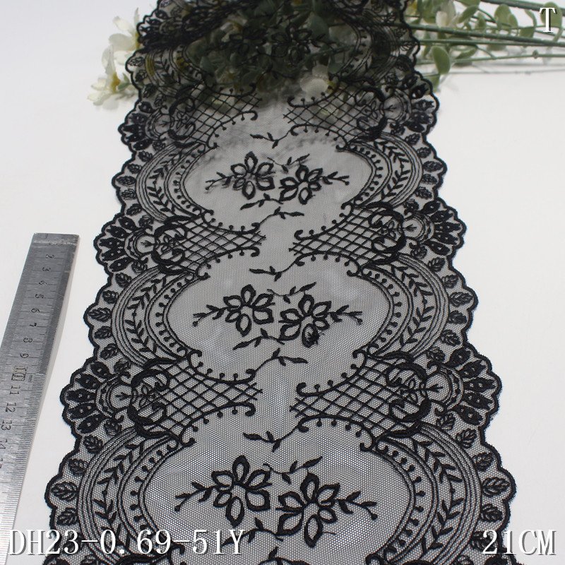 Stock Flower Mesh Embroidery Lace 21CM wide Black net Embroidered Lace Trim For Lingerie