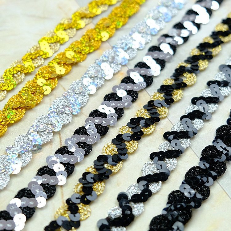 affninty ready to ship stock 1.5cm shiny colorful laser color sequin trim flat metallic Glitter webbing sequin lace trimming