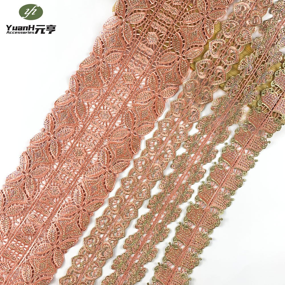 Wholesale narrow embroidery guipure lace trim 100% polyester DMC rhinestone water soluble trim