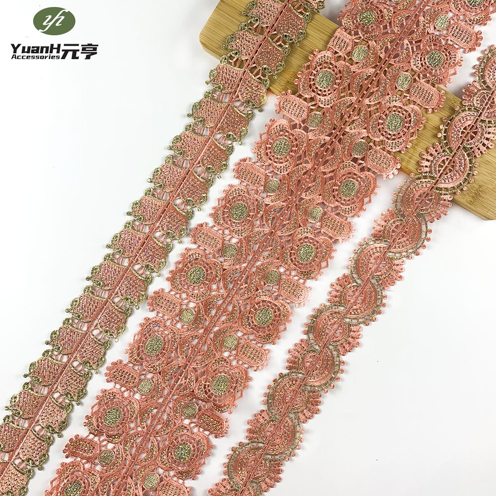 Wholesale narrow embroidery guipure lace trim 100% polyester DMC rhinestone water soluble trim