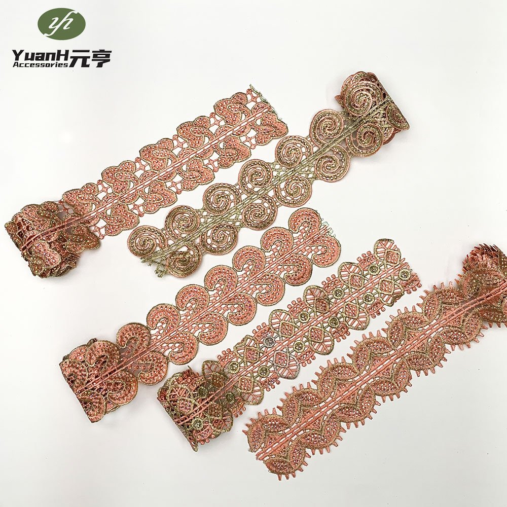 Wholesale narrow embroidery guipure lace trim 100% polyester DMC rhinestone water soluble trim