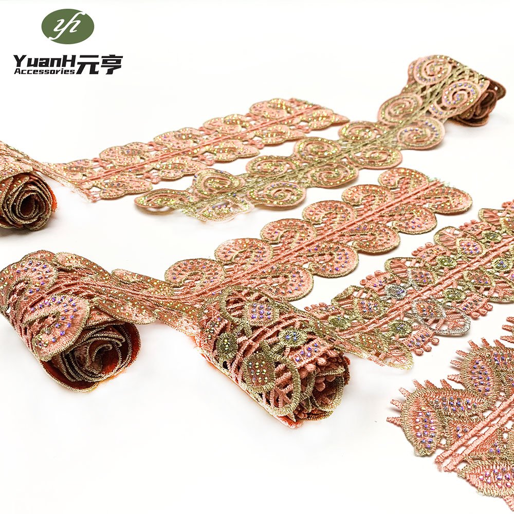 Wholesale narrow embroidery guipure lace trim 100% polyester DMC rhinestone water soluble trim