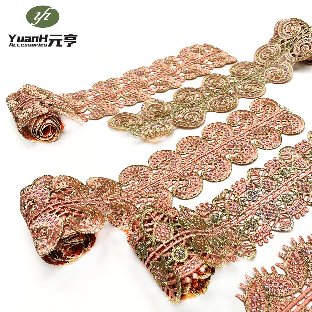 Wholesale narrow embroidery guipure lace trim 100% polyester DMC rhinestone water soluble trim