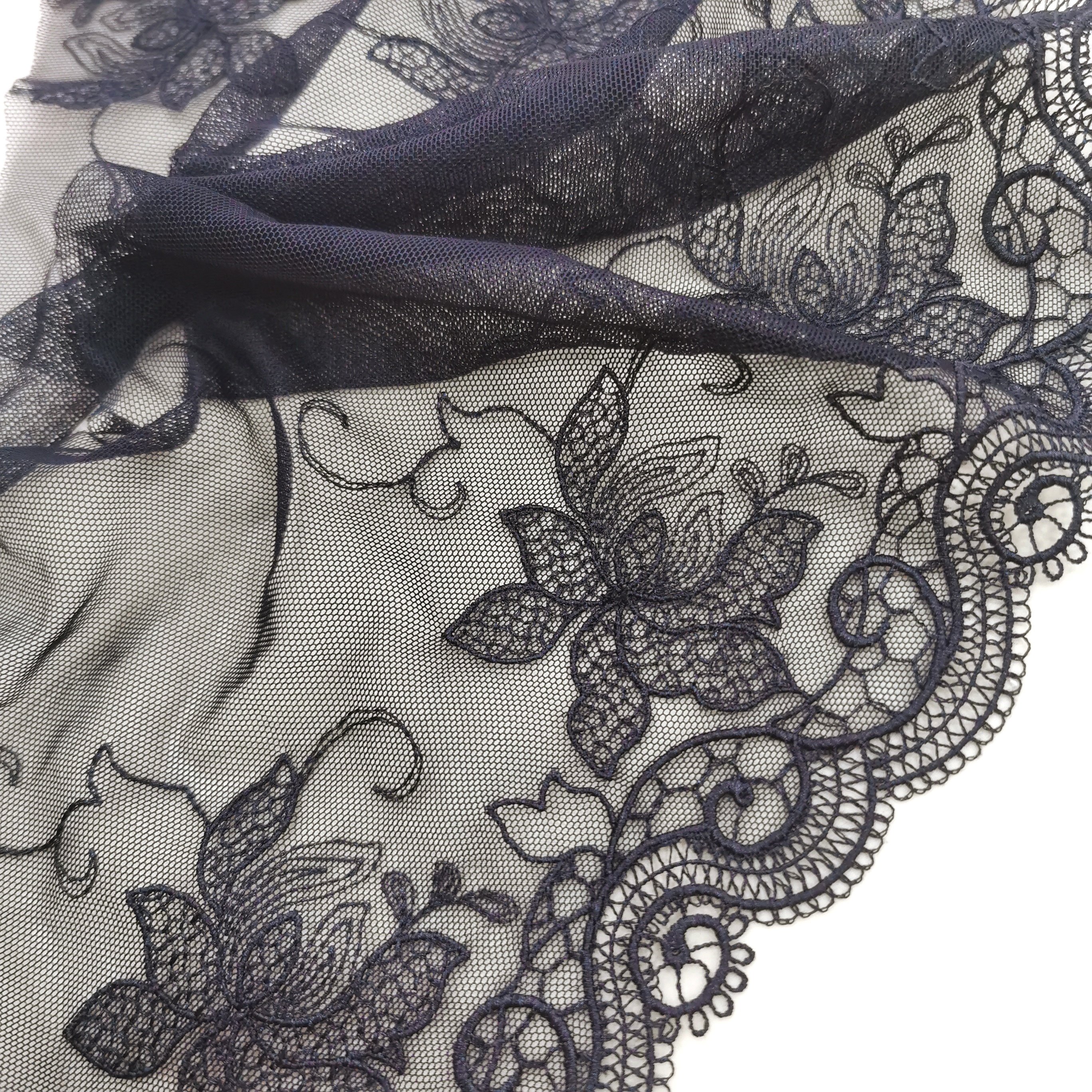 High Quality Fashion 16cm wide Embroidered Flower Black mesh Lace trim for women lingerie clothing lace