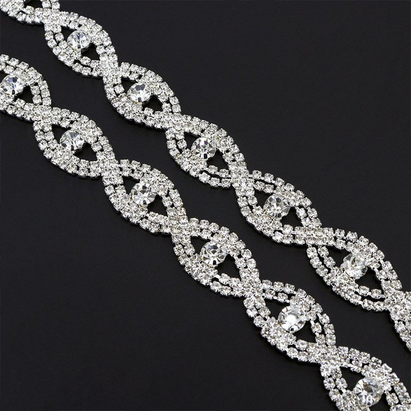 Factory direct sale bow crystal rhinestone chain delicate glass rhinestone lace trim for bag/dress
