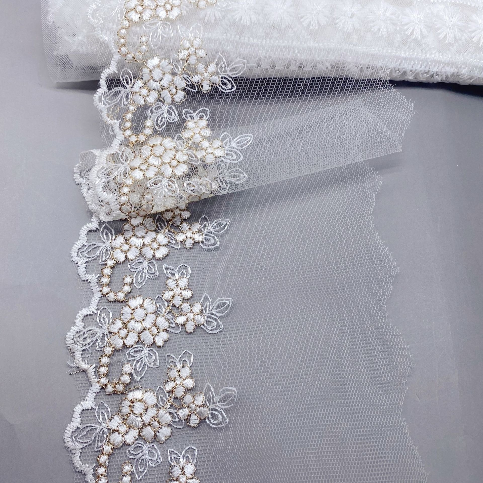 11CM embroidery floral gold threads white mesh border lace trimming LT2664B