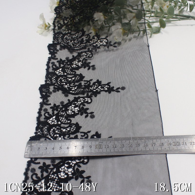 Black Tulle Flower Embroidery Lace Fabric 18cm wide Water soluble edge Embroidered Lace Trim For Women Dress