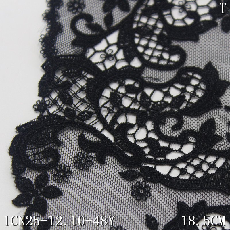 Black Tulle Flower Embroidery Lace Fabric 18cm wide Water soluble edge Embroidered Lace Trim For Women Dress